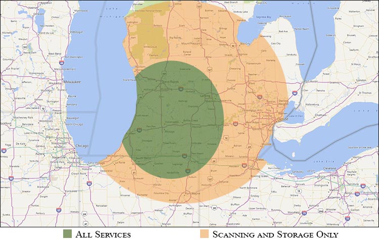 Map of Data Guardian's service area, covering most of lower Michigan and far north Indiana and Ohio