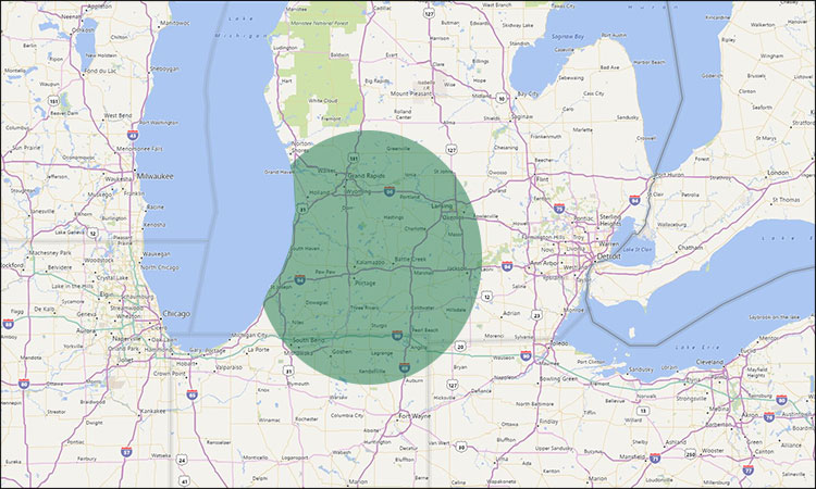 Map of Data Guardian's service area, covering most of lower Michigan and far north Indiana and Ohio